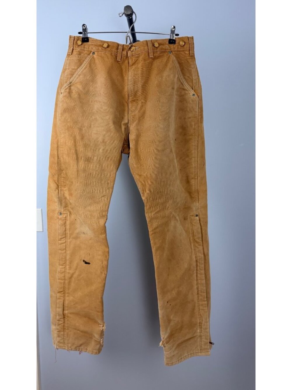 Carhartt Mens 34x32 Duck Canvas Work Pants Red Quilted Lining Tan Distressed